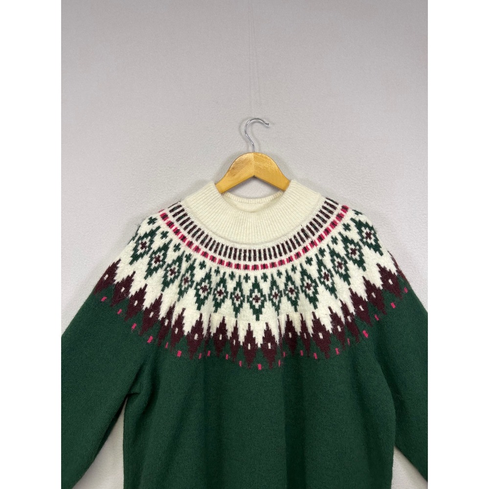 Fair Isle Cabin Lands End Womens 3X Green Mock Neck Button Cuff Sweater 9587 - Picture 7 of 9